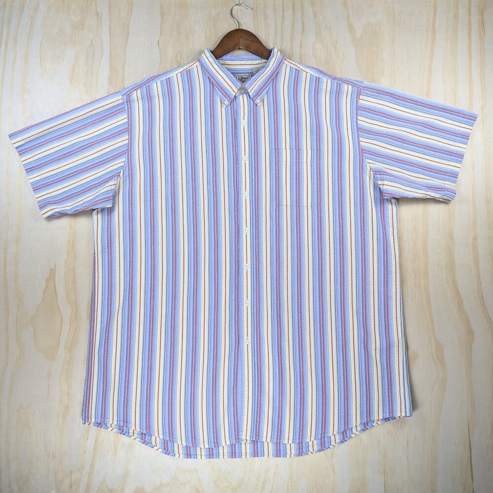 L.L.Bean Men's XXL Tall Seersucker Button Down Shirt Blue Striped Short Sleeve